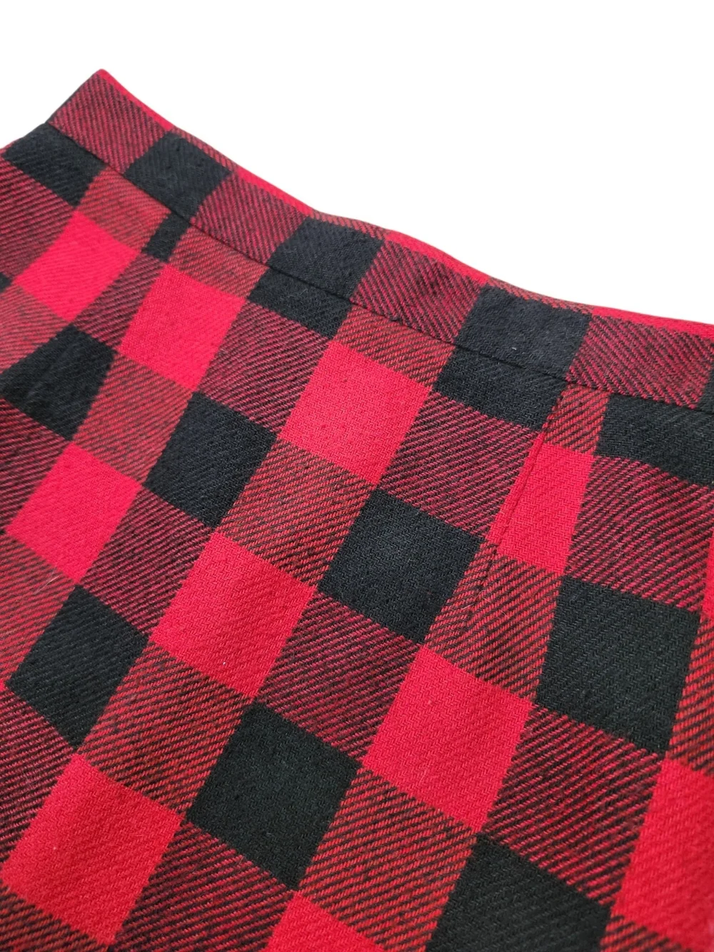 Vintage Red Black Buffalo Plaid Fringe Pencil Skirt Wool Blend 26